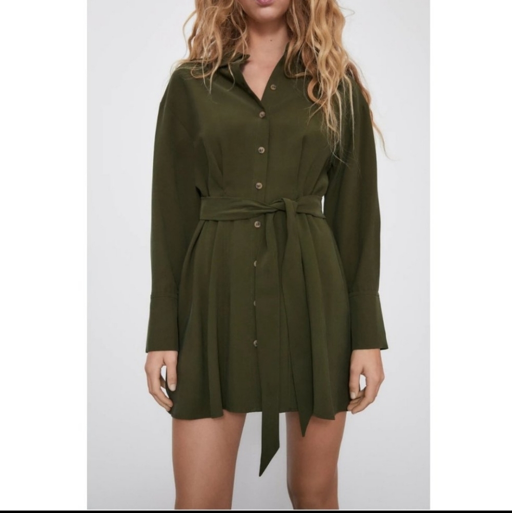 NWT ZARA belted longsleeve button up shirt dress in khaki green